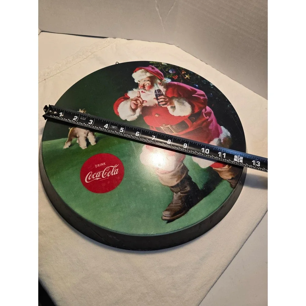 Coca-Cola Santa Claus Metal Round Sign Vintage Holiday Wall Art 12.75